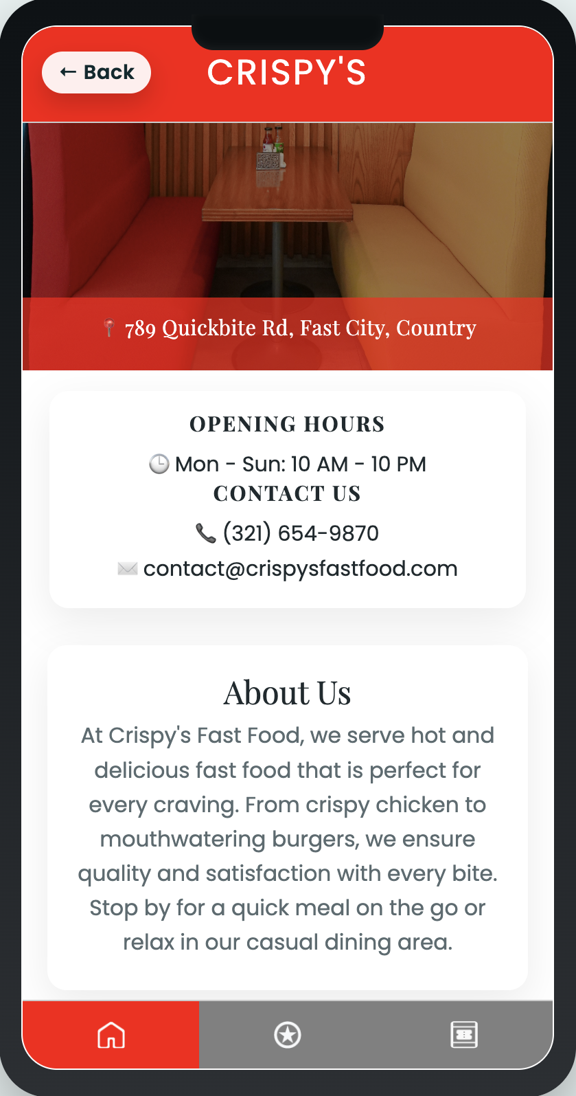 Menu detail screen in app
